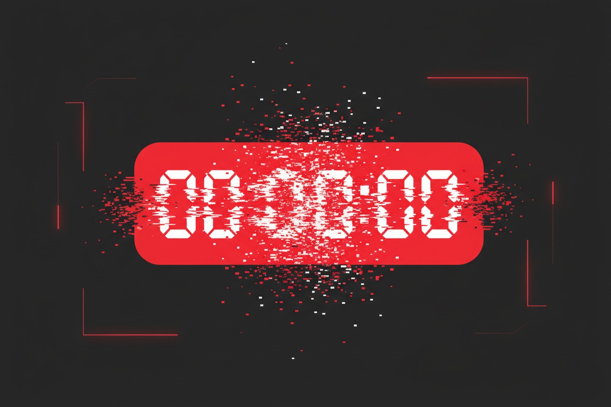 A digital timer set to zero with a red glitch effect on a dark background.