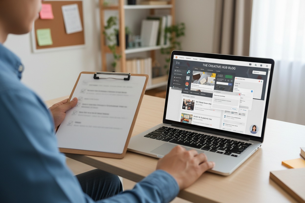 A person sits at a desk holding a clipboard while working on a laptop displaying a blog website.