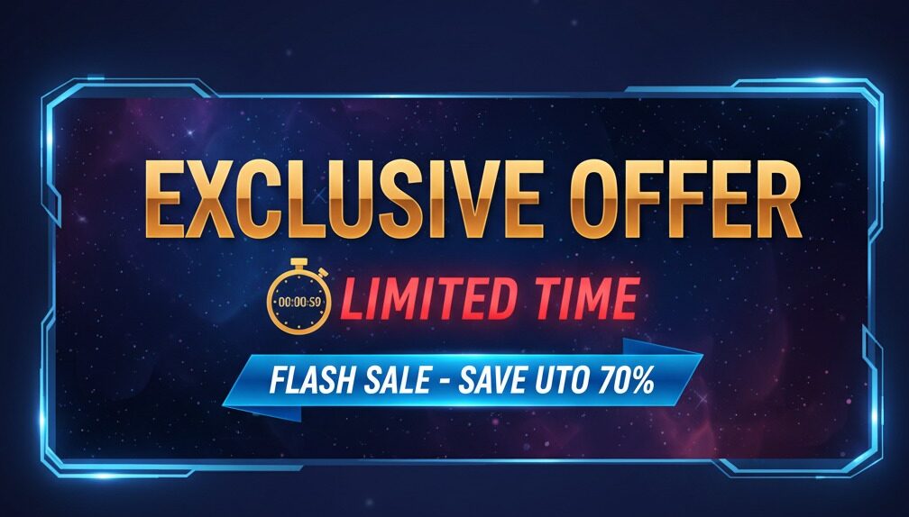 A glowing digital banner advertises an exclusive flash sale with up to 70 percent off for a limited time.