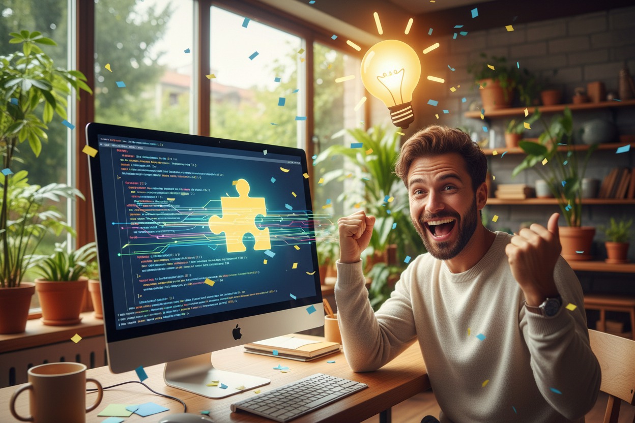 A joyful developer celebrates at his desk as a glowing puzzle piece emerges from his computer screen under a bright lightbulb icon.