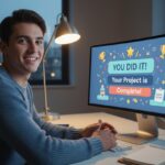 A smiling young man in a blue sweater sits at a desk with a computer monitor displaying a graphic that says "You Did It! Your Project is Complete!".