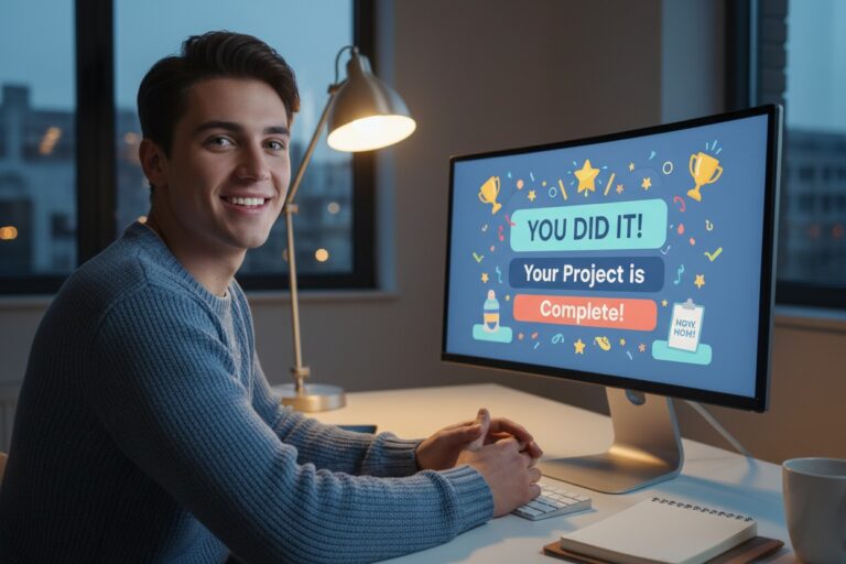 A smiling young man in a blue sweater sits at a desk with a computer monitor displaying a graphic that says "You Did It! Your Project is Complete!".